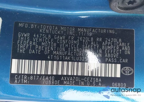 2020 Toyota Camry Se from USA, damaged, VIN 4T1G11AK1LU325802